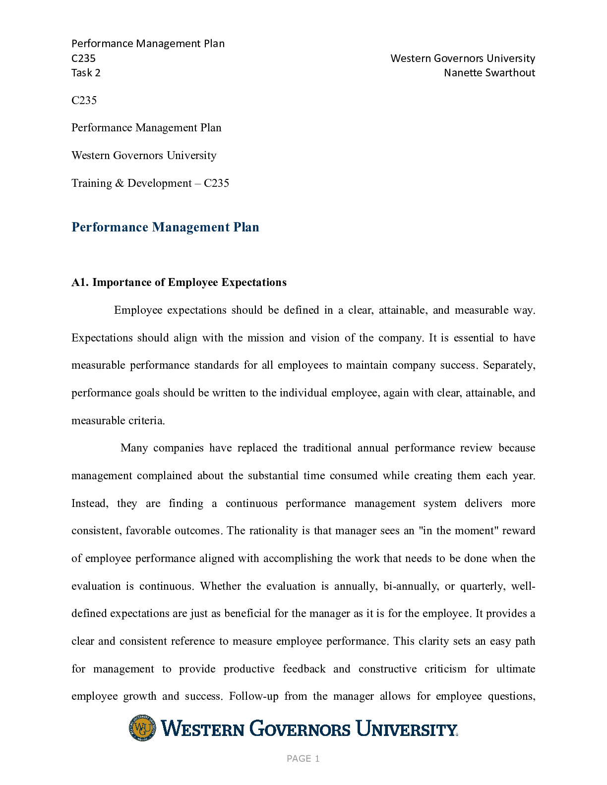 Preview of C235_Task_2_Performance_Management_Plan.docx  C235  Performance Management Plan  Western G